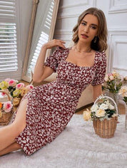 Vestido Floral Feminino / manga bufante / coxa dividida - CrystalVenus