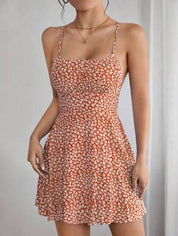 Vestido Floral Curto De Verão Feminino / Sem Costas Com Alças Finas Amarradas - CrystalVenus