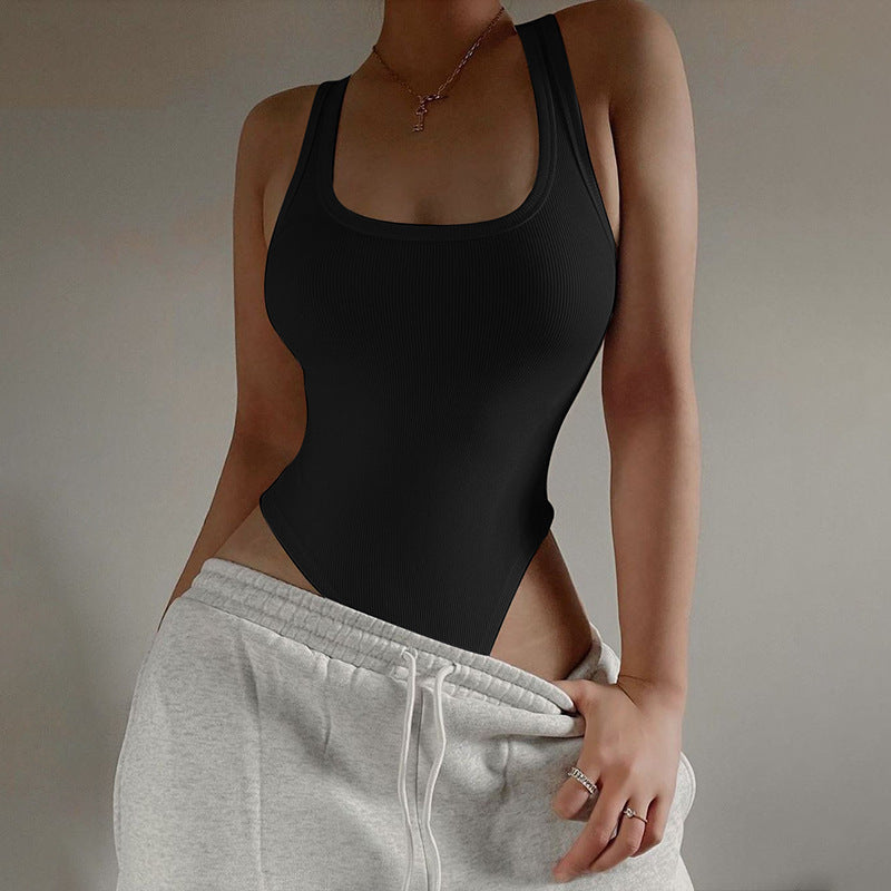 Bodysuit de malha sem mangas casual feminino preto