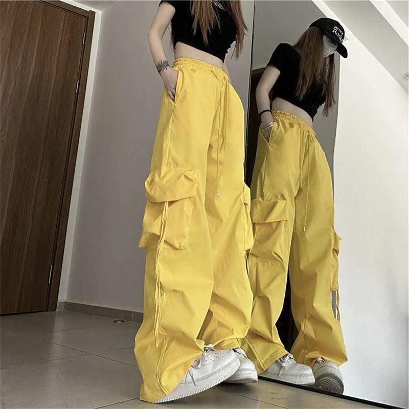 Calça Cargo de Cintura Alta Streetwear amarelo