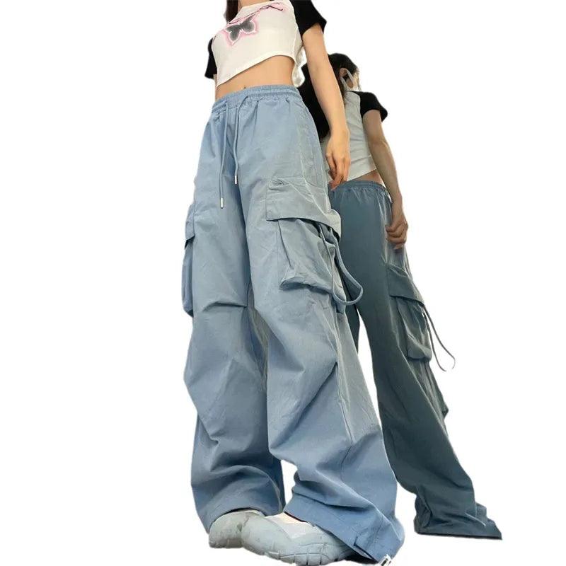 Calça Cargo de Cintura Alta Streetwear azul