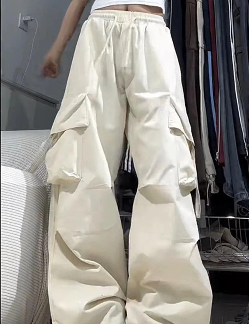 Calça Cargo de Cintura Alta Streetwear branco