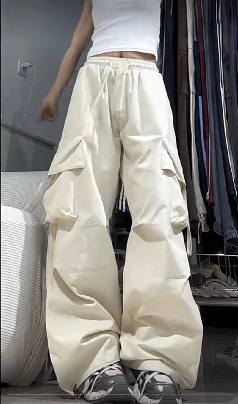 Calça Cargo de Cintura Alta Streetwear branco