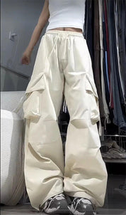 Calça Cargo de Cintura Alta Streetwear branco