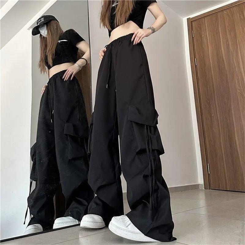 Calça Cargo de Cintura Alta Streetwear preto