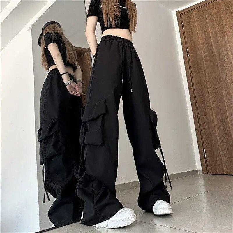 Calça Cargo de Cintura Alta Streetwear preto