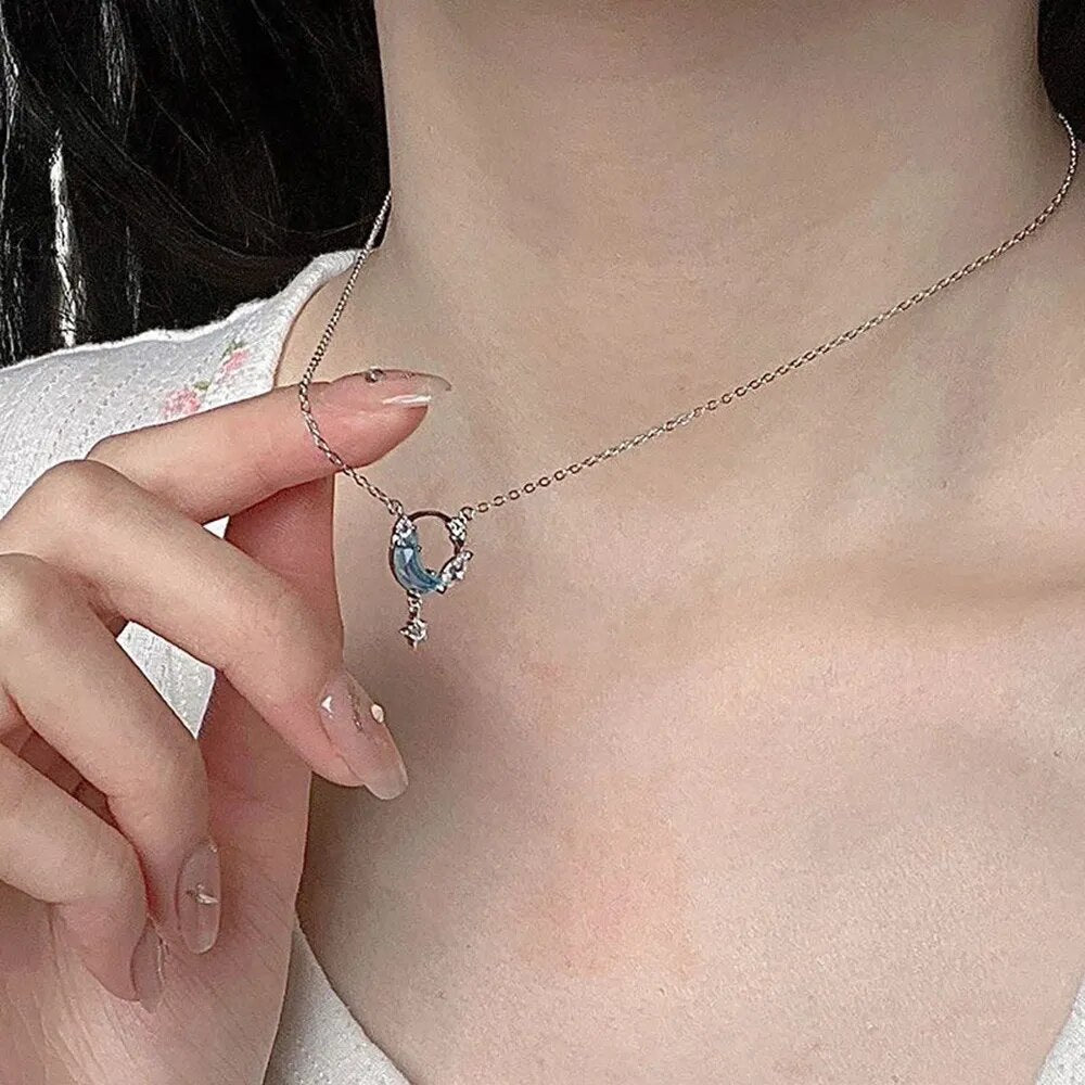 Colar Lua + Estrela Vitrificada Delicado Feminino