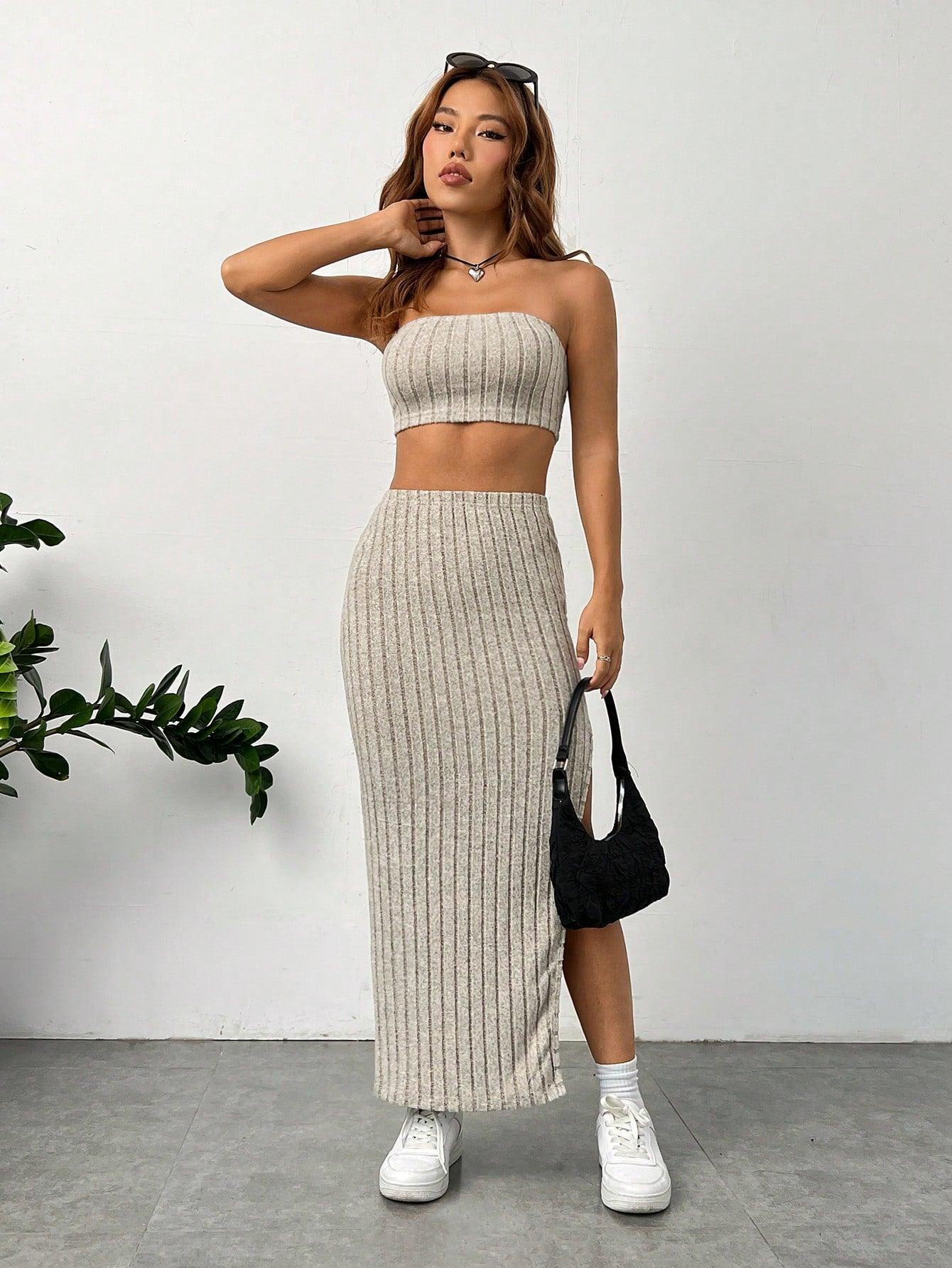Conjunto Elegante Top Tubo Saia Com Fenda