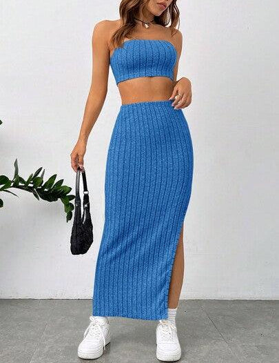 Conjunto Elegante Top Tubo Saia Com Fenda azul