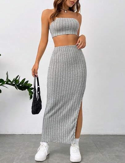 Conjunto Elegante Top Tubo Saia Com Fenda bege