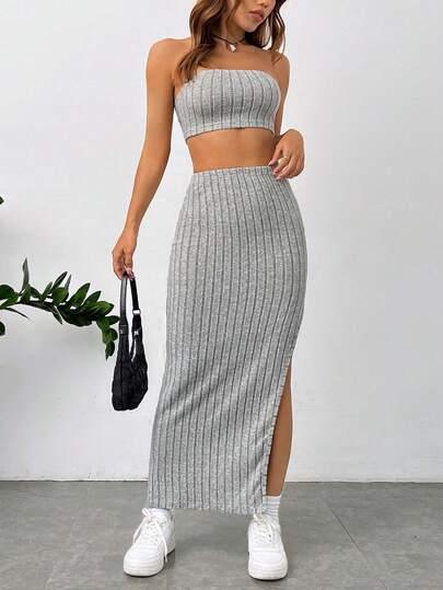 Conjunto Elegante Top Tubo Saia Com Fenda bege