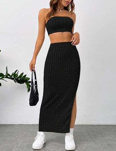 Conjunto Elegante Top Tubo Saia Com Fenda preto