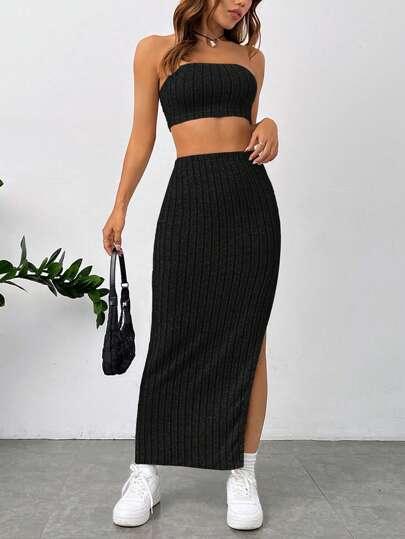 Conjunto Elegante Top Tubo Saia Com Fenda preto