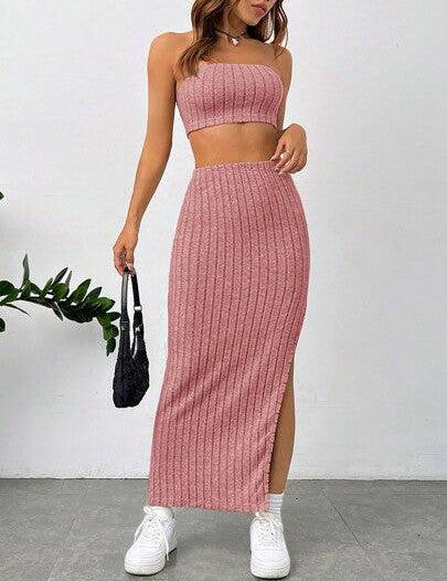 Conjunto Elegante Top Tubo Saia Com Fenda rosa