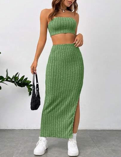 Conjunto Elegante Top Tubo Saia Com Fenda verde
