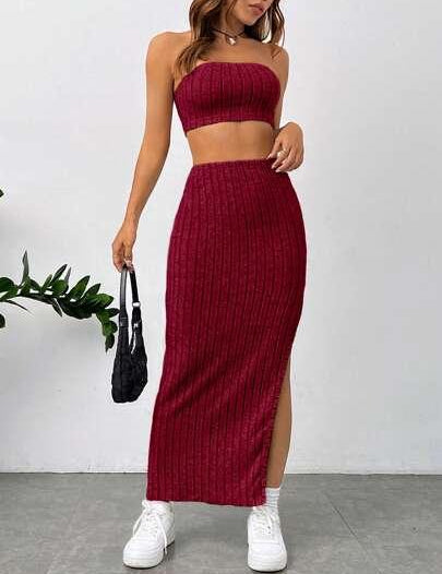 Conjunto Elegante Top Tubo Saia Com Fenda vermelho
