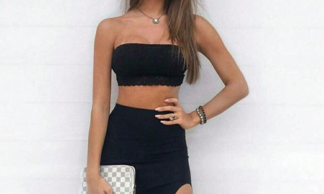 Conjunto Saia Longa com Fenda e Cropped