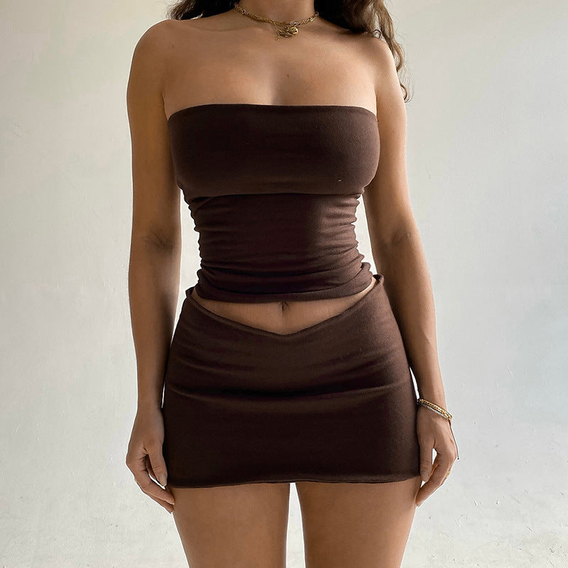 Conjunto Top de Tubo e Mini saia Feminino marrom