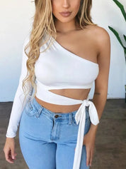 Cropped Sexy Manga longa de um ombro branco