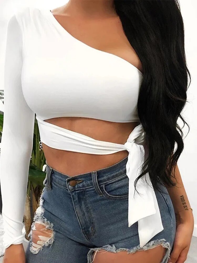 Cropped Sexy Manga longa de um ombro branco