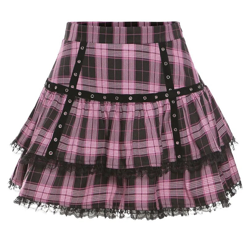 Mini Saia Gótica Japonesa rosa xadrez