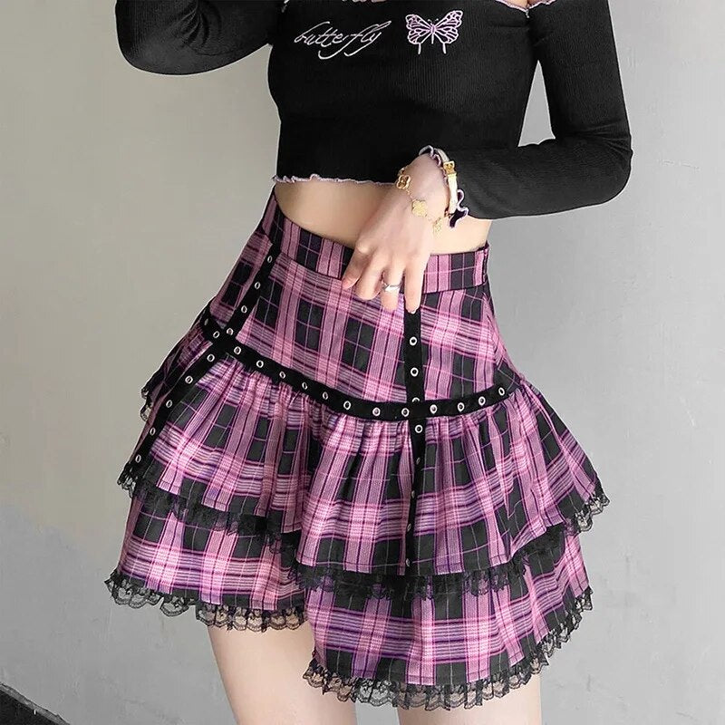 Mini Saia Gótica Japonesa rosa xadrez