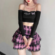 Mini Saia Gótica Japonesa rosa xadrez