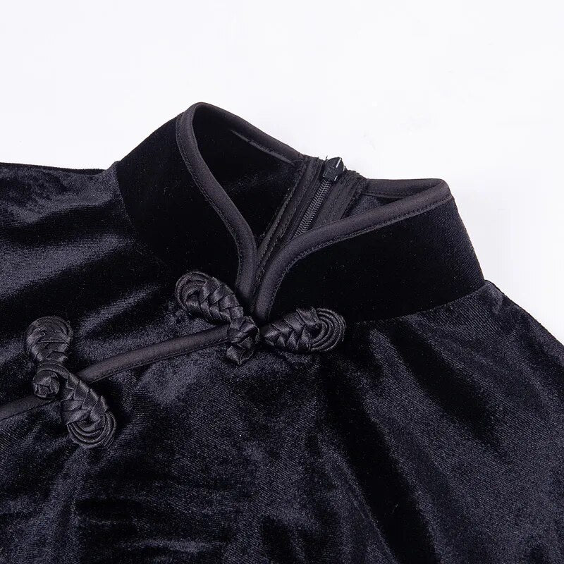 Mini Vestido preto Cheongsam acabamento