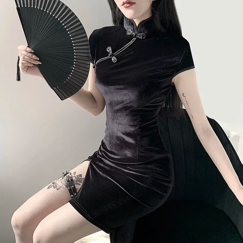 Mini Vestido preto Cheongsam moda chinesa