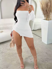 Mini vestido de manga comprida branco sem alça