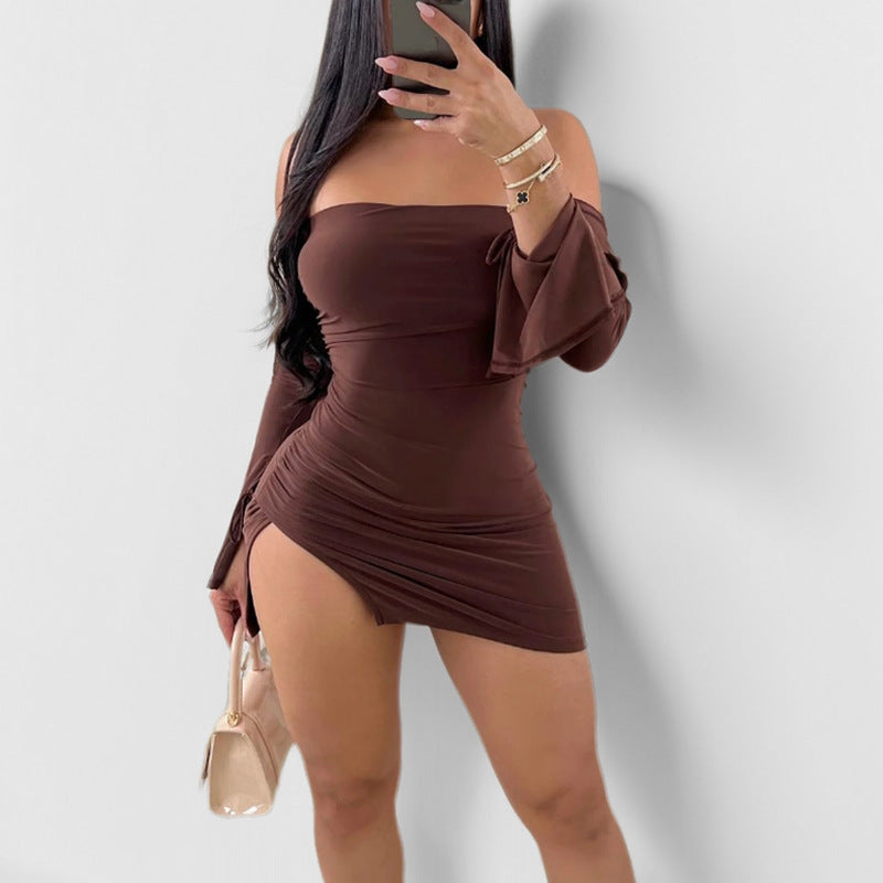 Mini vestido de manga comprida sem alças marrom