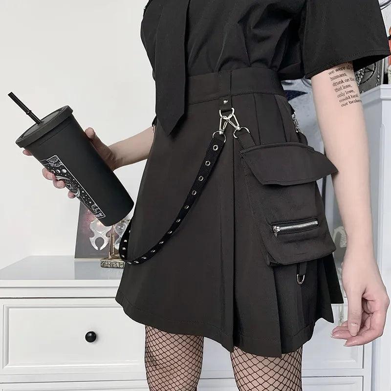 Harajuku Punk gótico negro de cintura alta faldas negras mujeres Sexy Patchwork vendaje Mini mujer ropa de calle falda negra 
