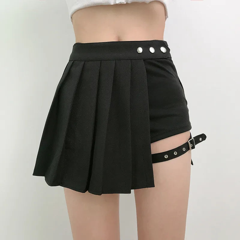 Faldas plisadas góticas para chicas, faldas irregulares a cuadros estilo Harajuku Punk de verano para mujeres, faldas negras asimétricas de cintura alta 