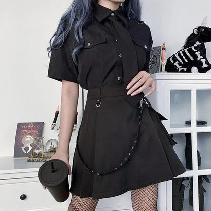 Harajuku Punk gótico negro de cintura alta faldas negras mujeres Sexy Patchwork vendaje Mini mujer ropa de calle falda negra 