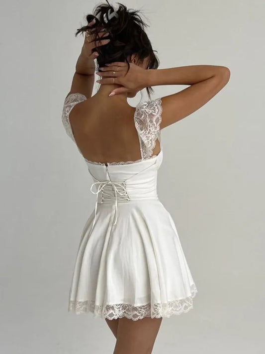 Mozision-Vestido corto elegante con tirantes de encaje blanco para mujer, minivestido Sexy holgado sin mangas con Espalda descubierta, ropa para discoteca 