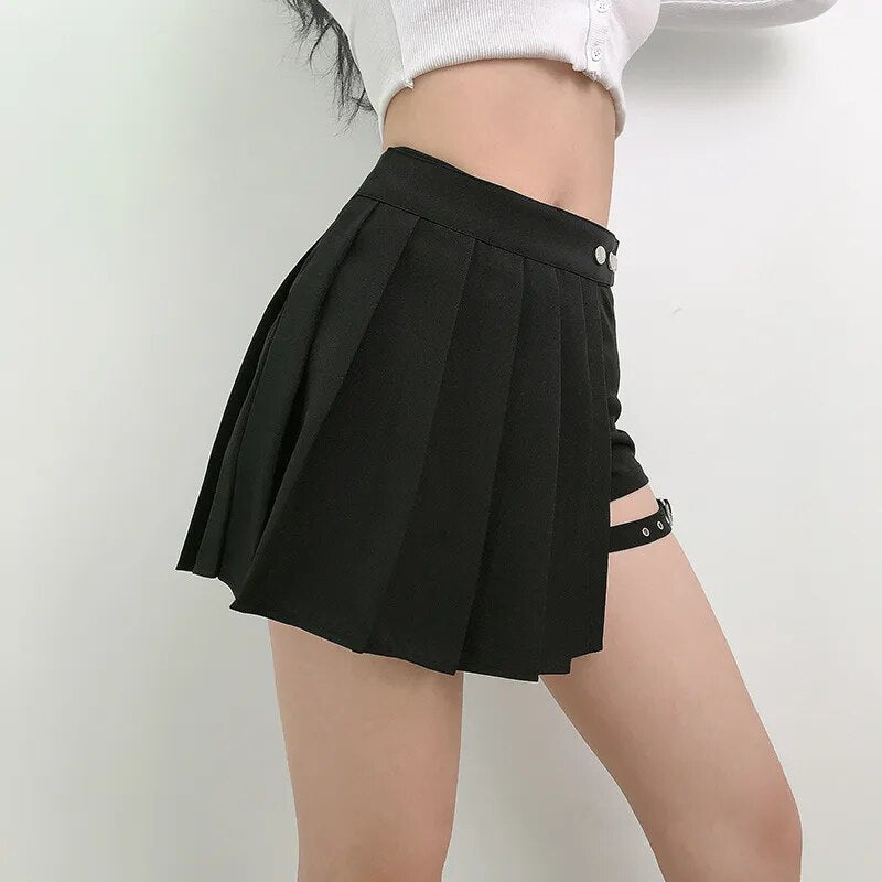 Faldas plisadas góticas para chicas, faldas irregulares a cuadros estilo Harajuku Punk de verano para mujeres, faldas negras asimétricas de cintura alta 