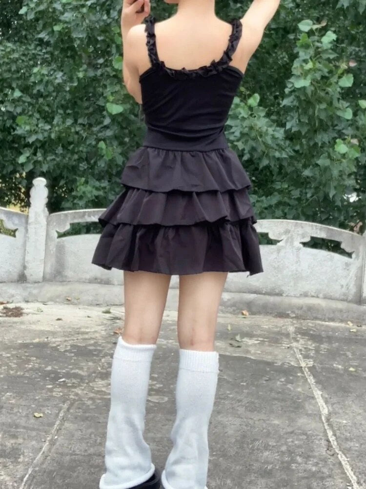 QWEEK-vestido gótico Harajuku con volantes, ropa de calle Y2k, vestidos Punk oscuro con pastel, moda coreana para fiesta, verano 2023 