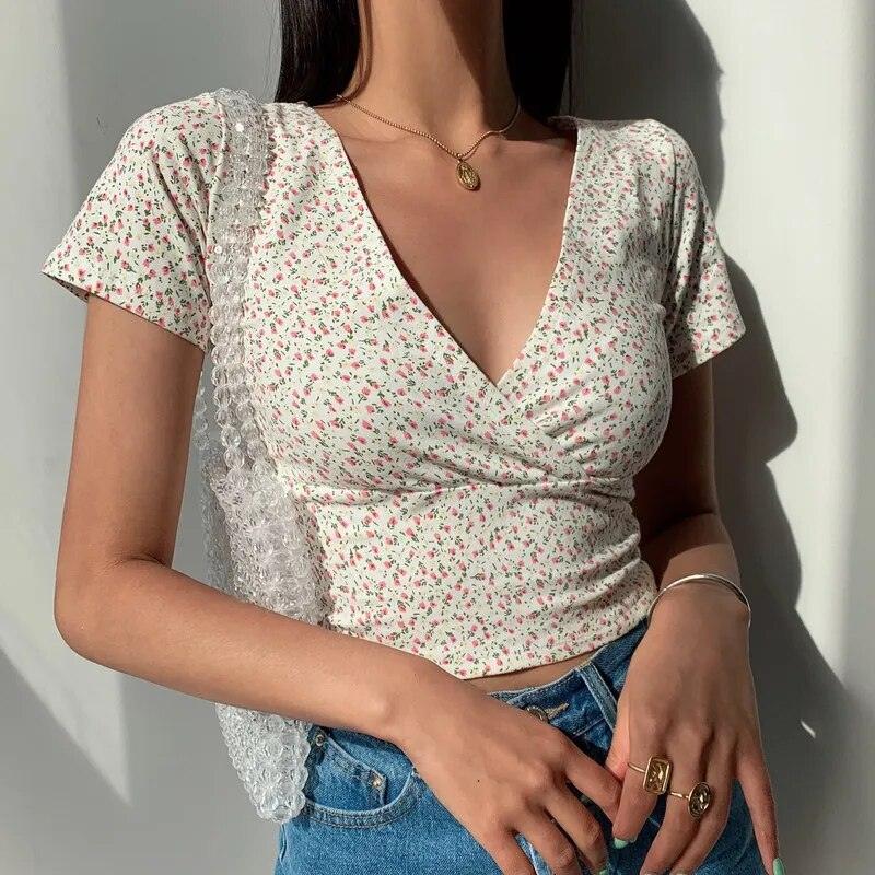 Top Floral Feminino Vintage manga curta 