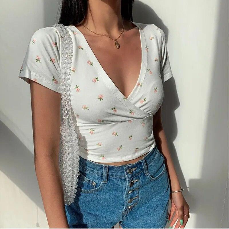 Top Floral Feminino Vintage manga curta