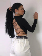 Top de Malha Streetwear Feminino sem costas manga longa
