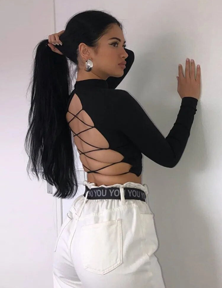 Top de Malha Streetwear Feminino sem costas manga longa