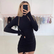 Vestido Bodycon Feminino preto manga comprida e gola alta