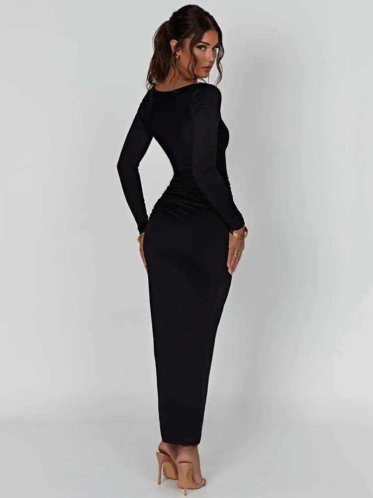 Vestido Bodycon Franzido preto manga longa e fenda