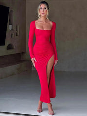 Vestido Bodycon Franzido vermelho Feminino manga longa e fenda