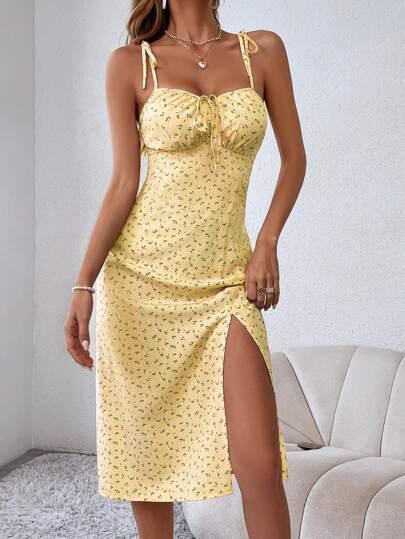 Vestido Boho Feminino amarelo Abertura lateral
