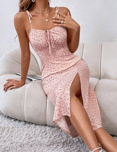 Vestido Boho Feminino rosa Abertura lateral