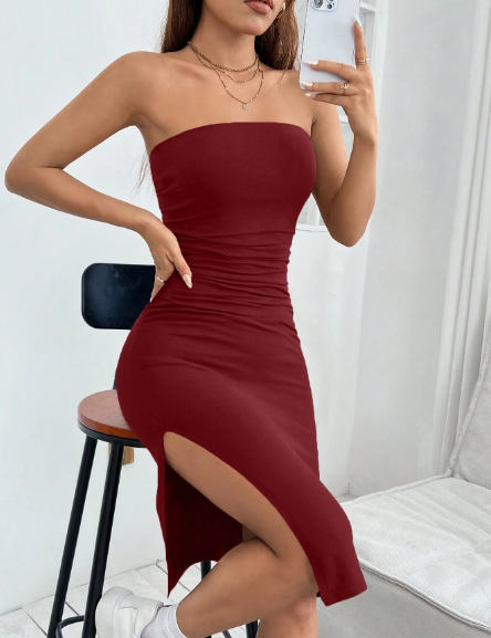 Vestido Feminino Curto Com Fenda vinho