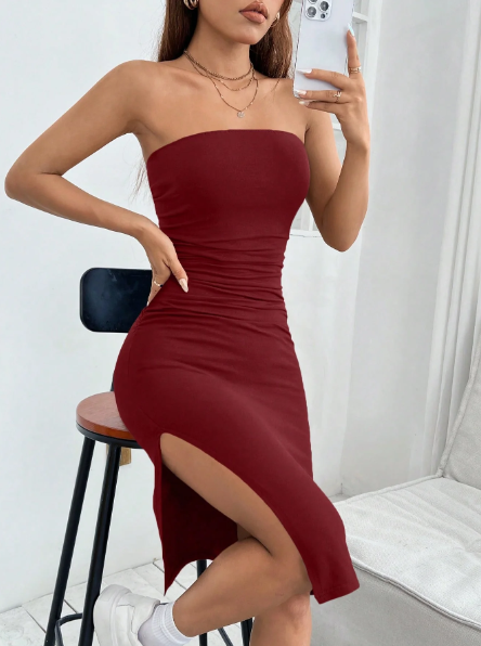 Vestido Feminino Curto Com Fenda vinho