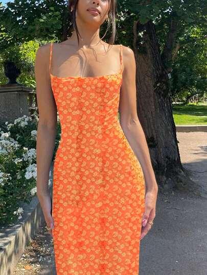 Vestido Floral Cami Bainha De Sereia laranja