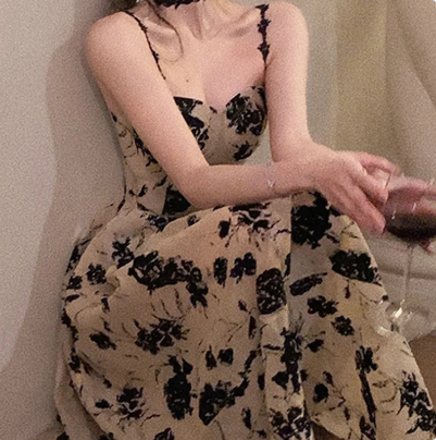 Vestido Floral Midi Vintage Feminino moda coreana